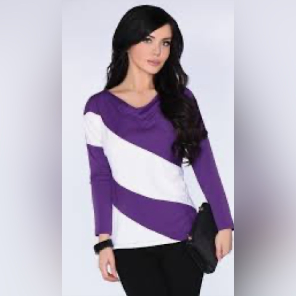 Purple & white stripe drape front batting long sleeve top, size small